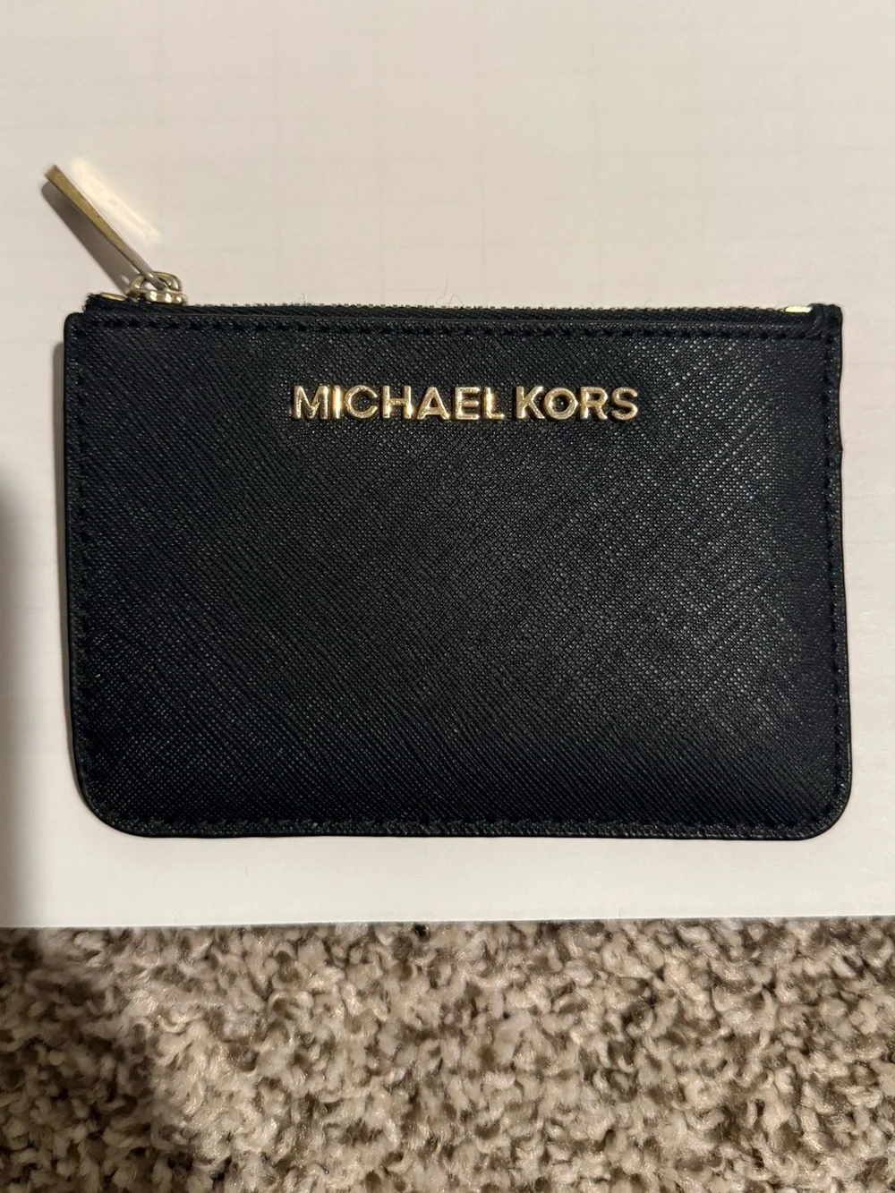 Michael Kors Black Saffiano Leather Zip Card Case with Gold Logo